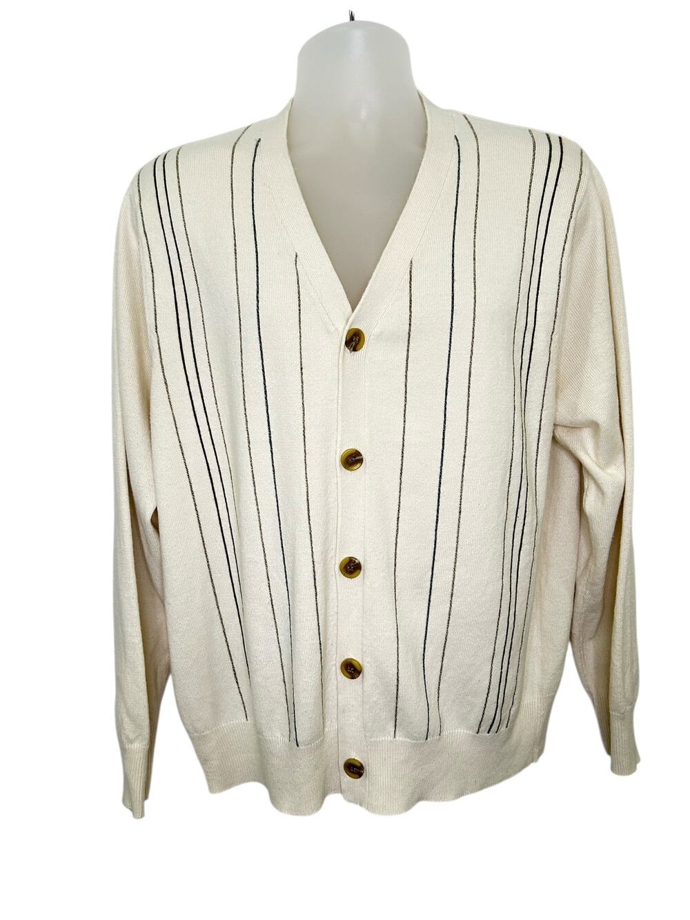 Geoffrey Beene Cream Striped Button Down V-Neck Cardigan Dad Mens Large